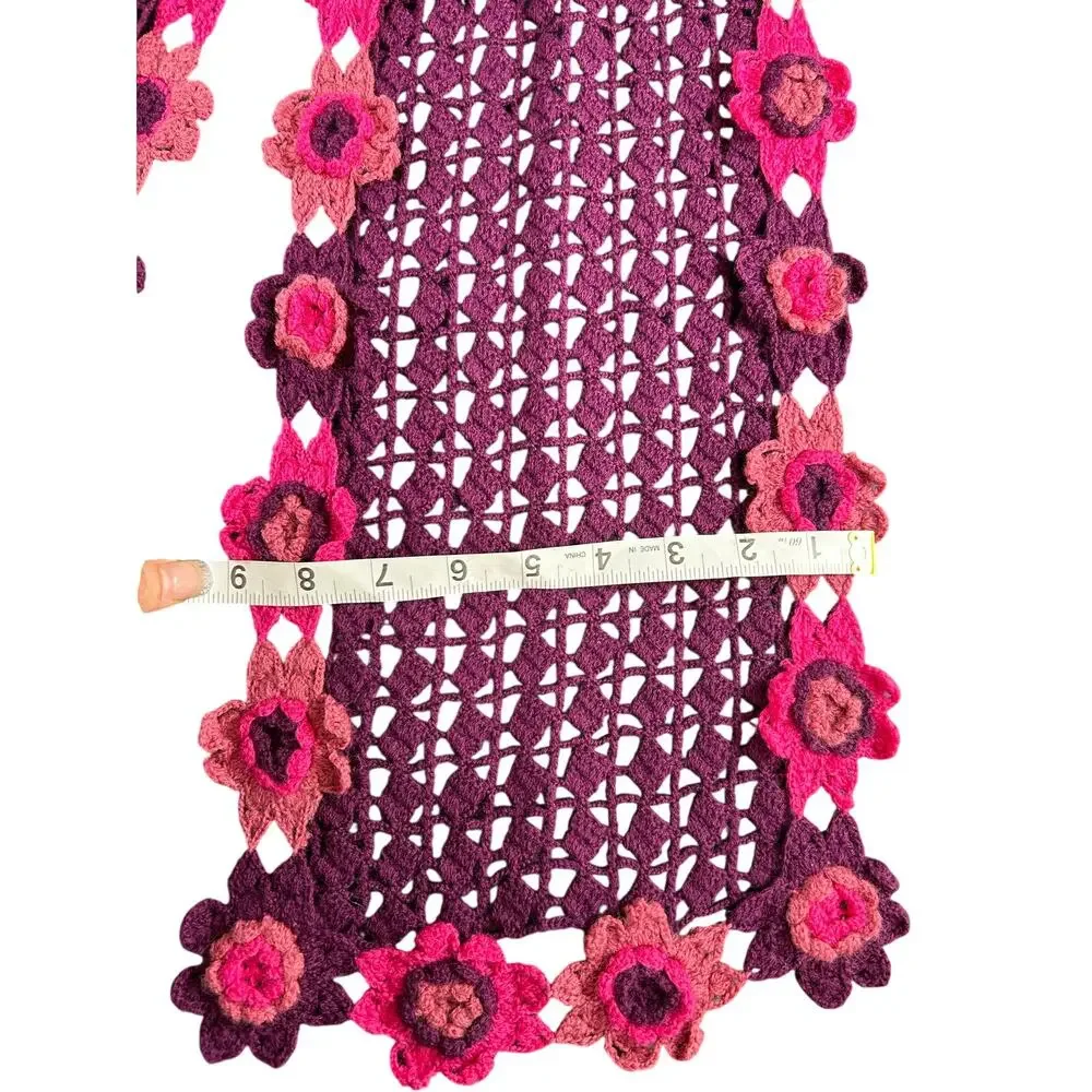 Gap Crochet Floral Scarf- purple pink- wool knit- feminine whimsygoth OS 62x9